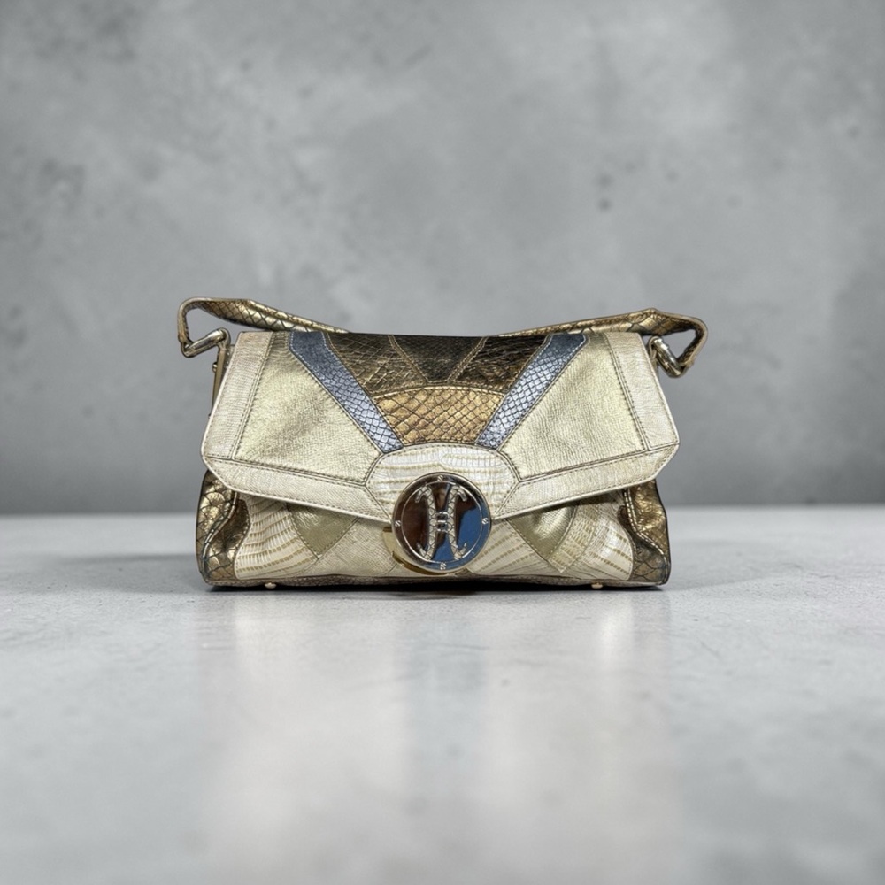 Cole Haan Paige Exotic Metallic Snake Skin Patchwork Shoulder Bag Gold Bronze - Picture 2 of 5